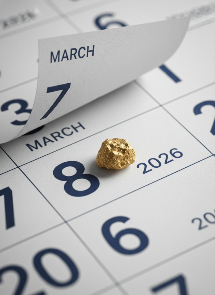 Fig 1: Kalenderblatt März 2026 zeigt den Ablauf der Spekulationsfrist für Gold am 8. März.