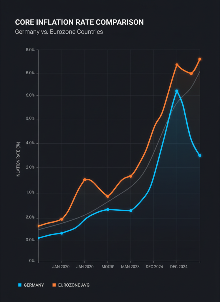 Fig 1: Datenvisualisierung der Kerninflation in Deutschland im Vergleich zur Eurozone 2026