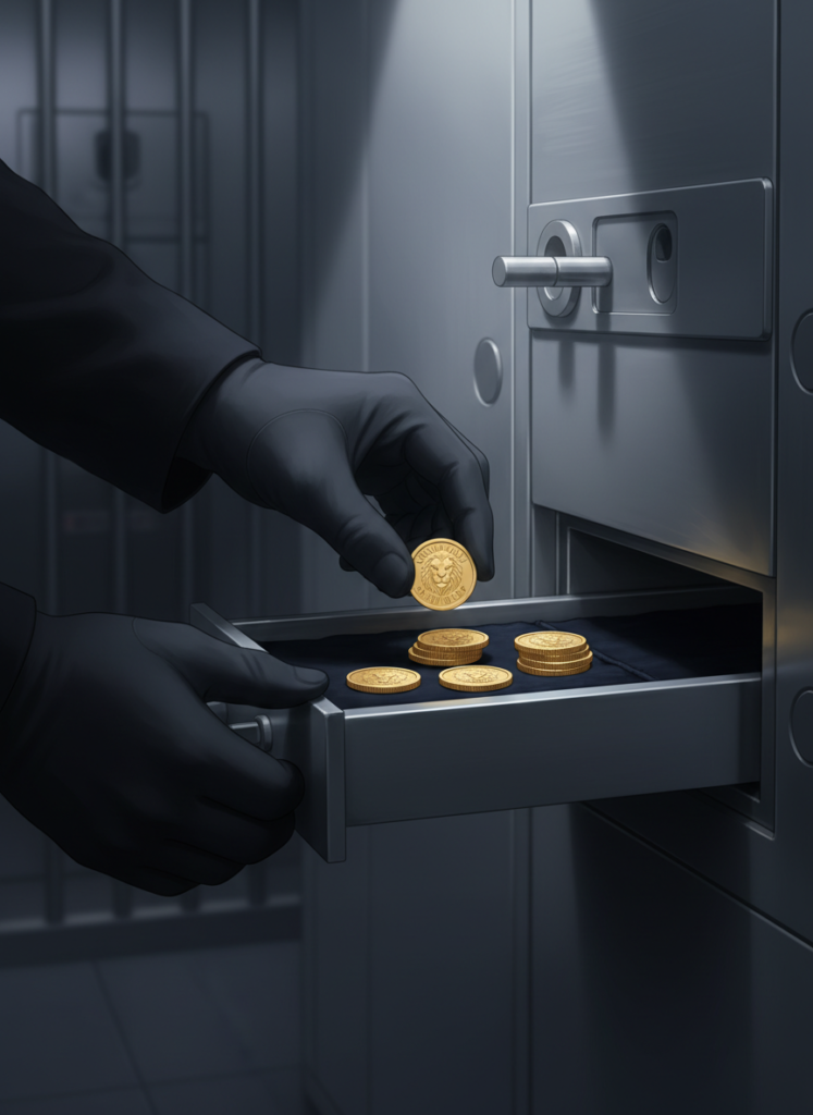 Hände legen kleine Goldmünzen sicher in ein Schließfach als Teil eines Sparplans Fig 2: Hände legen kleine Goldmünzen sicher in ein Schließfach als Teil eines Sparplans