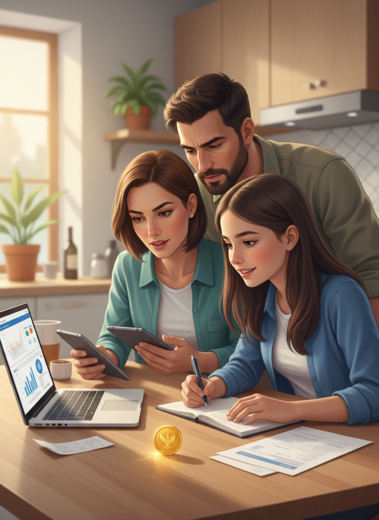 Familie plant ihre Finanzen und prüft physisches Gold Fig 1: Familie plant ihre Finanzen und prüft physisches Gold