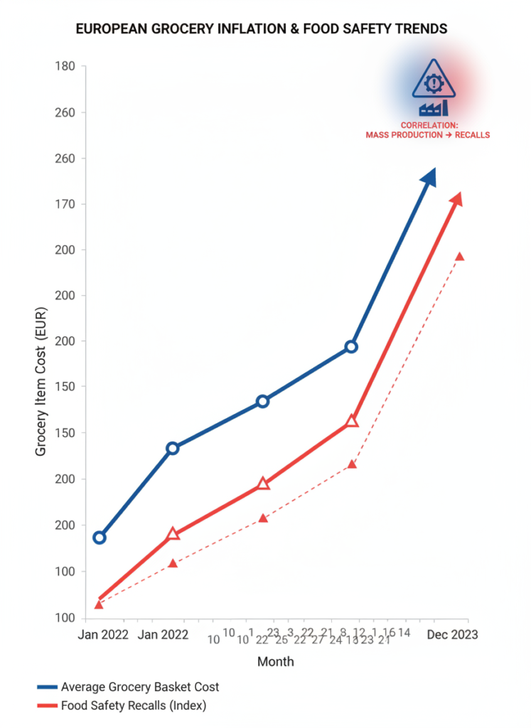 Grafik zur Entwicklung der Lebensmittelpreise und dem Kostendruck bei Zulieferern. Fig 1: Grafik zur Entwicklung der Lebensmittelpreise und dem Kostendruck bei Zulieferern.