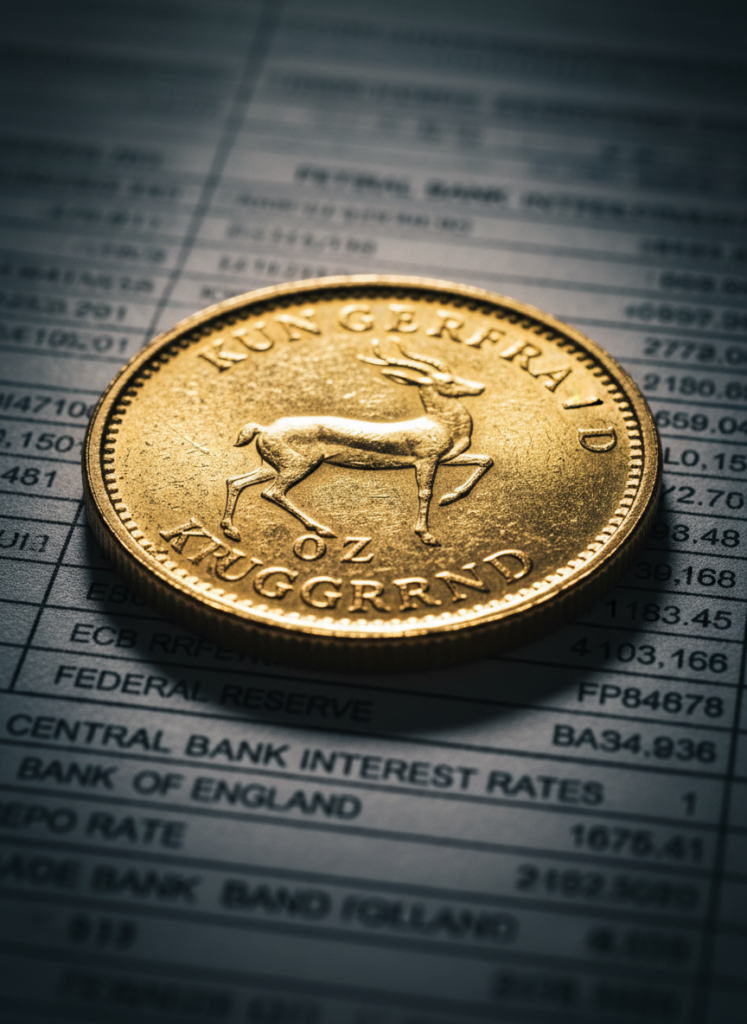 Fig 1: Nahaufnahme einer Krügerrand Goldmünze auf finanzökonomischen Dokumenten