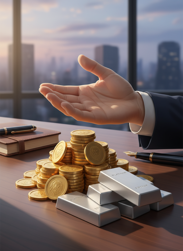 Fig 3: Hand ruht neben Gold- und Platinmünzen, symbolisiert Geduld und emotionale Disziplin bei der Geldanlage