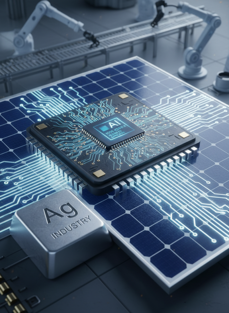 Fig 2: Makroaufnahme von KI-Chips und Solarzellen mit Silberleitbahnen