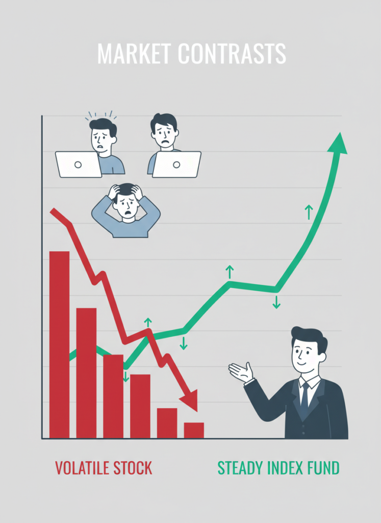 Fig 1: Illustration eines volatilen Aktienkurses verglichen mit einem stetigen Indexfonds