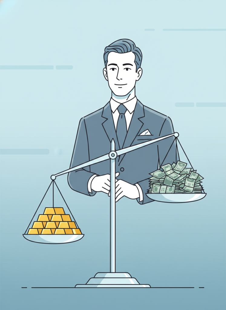 Eine Waage, die physisches Gold und verblassendes Papiergeld vergleicht.