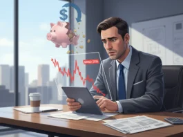 Besorgter Investor sieht Inflations-Schock im März 2026 auf fallendem Börsenchart für ein Portfolio-Update.