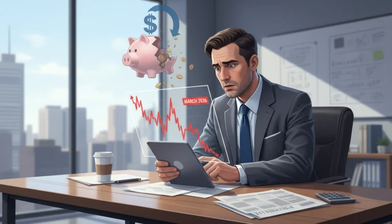 Besorgter Investor sieht Inflations-Schock im März 2026 auf fallendem Börsenchart für ein Portfolio-Update.