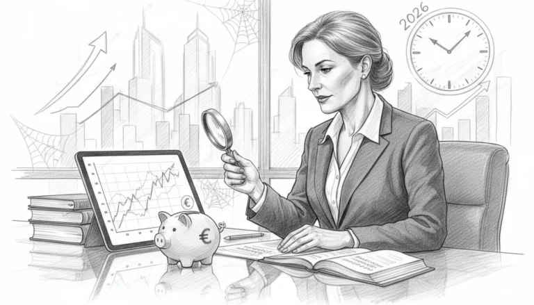 Geschäftsfrau führt ING Tagesgeld 2026 Zins-Analyse mit Lupe und Tablet für eine kluge Spar-Strategie durch.