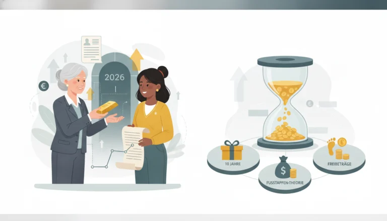 Goldbarren-Übergabe und Sanduhr zeigen, wie Sie Gold erben oder verschenken, inklusive Steuern und Freibeträge für 2026.