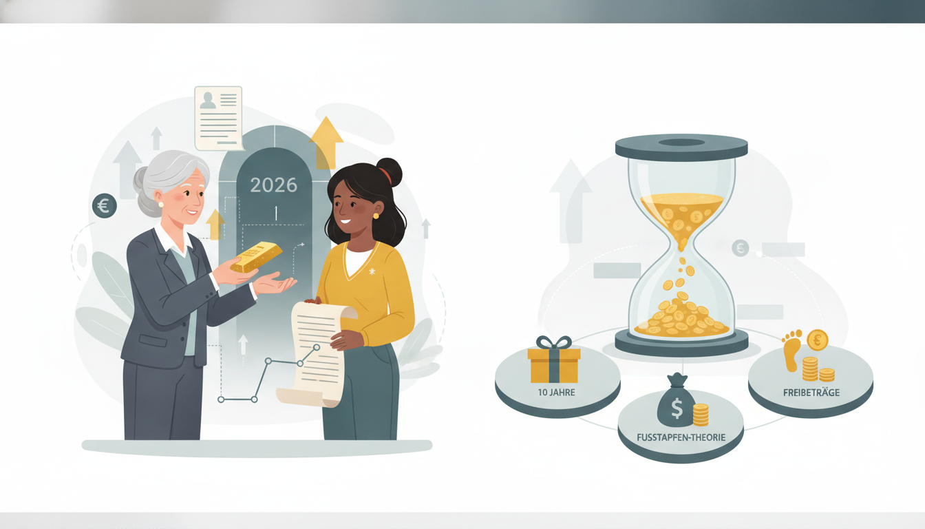 Goldbarren-Übergabe und Sanduhr zeigen, wie Sie Gold erben oder verschenken, inklusive Steuern und Freibeträge für 2026.