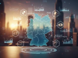 Eine digitale, futuristische Karte von Deutschland umgeben von verschiedenen Icons für Versicherungsarten wie Haftpflicht-, Hausrat-, KFZ- und Berufsunfähigkeitsversicherung, ergänzt durch Finanzdiagramme vor einer Stadtkulisse bei Sonnenuntergang für das Jahr 2026.