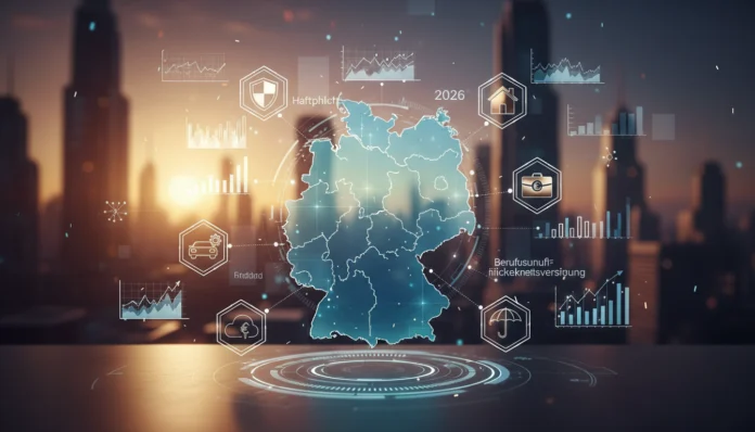 Eine digitale, futuristische Karte von Deutschland umgeben von verschiedenen Icons für Versicherungsarten wie Haftpflicht-, Hausrat-, KFZ- und Berufsunfähigkeitsversicherung, ergänzt durch Finanzdiagramme vor einer Stadtkulisse bei Sonnenuntergang für das Jahr 2026.