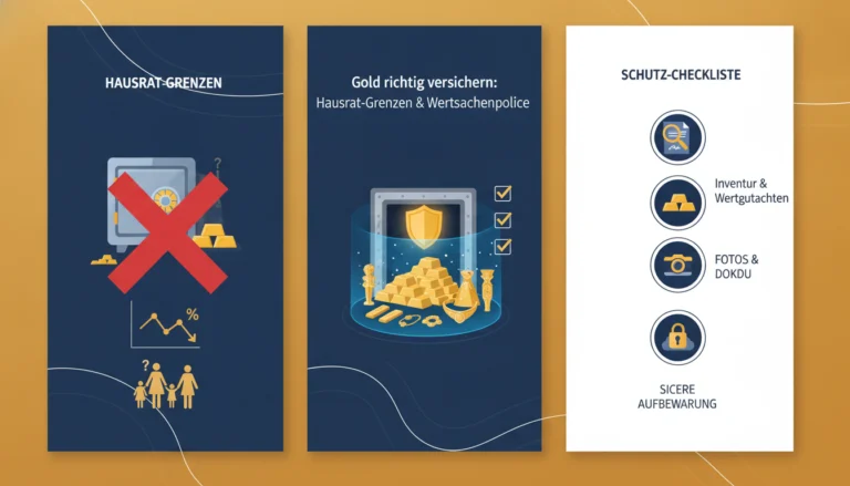 Wie Sie Ihr Gold richtig versichern: Infografik zu Hausrat-Grenzen, Wertsachenpolice und Schutz-Checkliste.