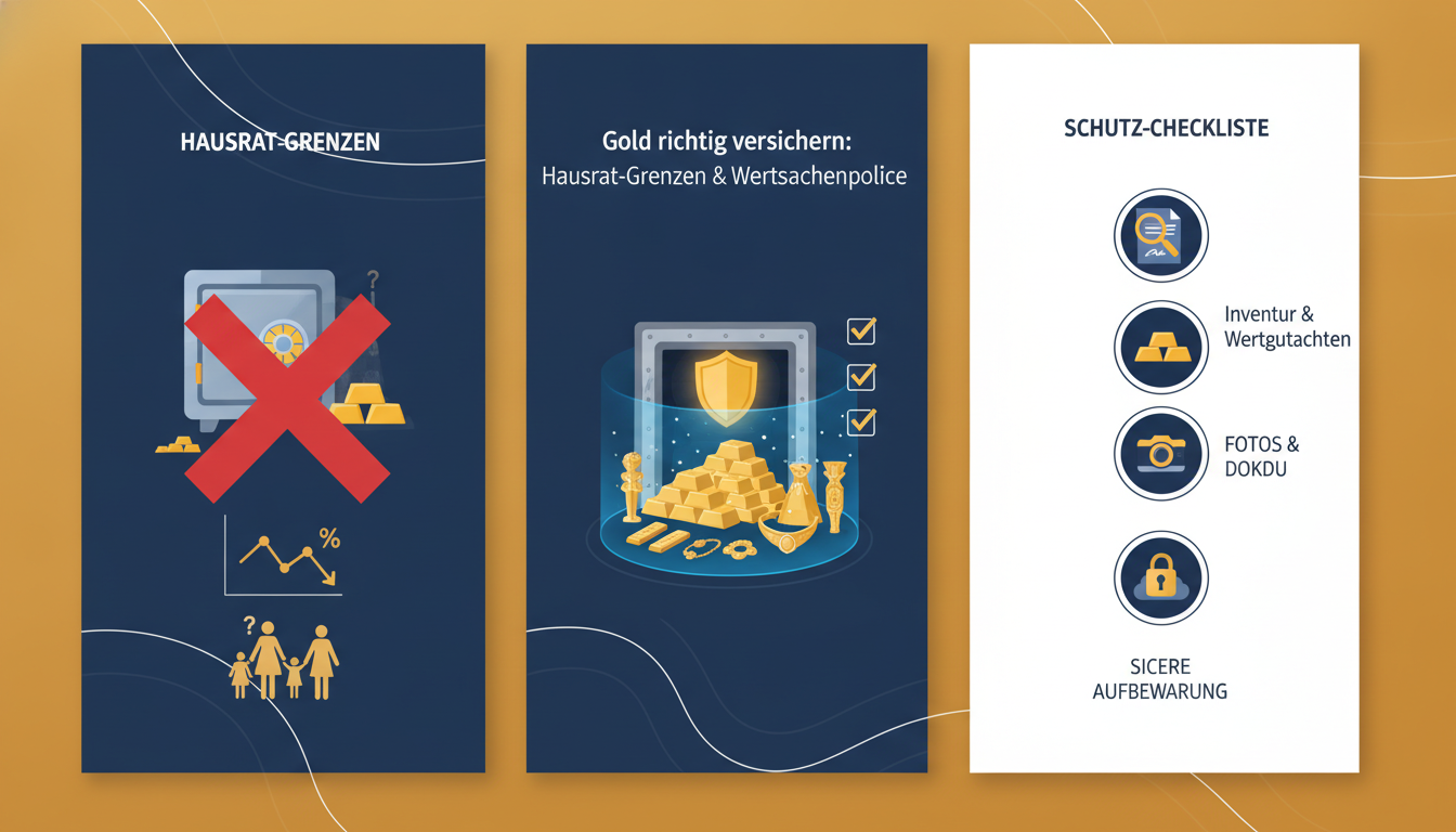 Wie Sie Ihr Gold richtig versichern: Infografik zu Hausrat-Grenzen, Wertsachenpolice und Schutz-Checkliste.
