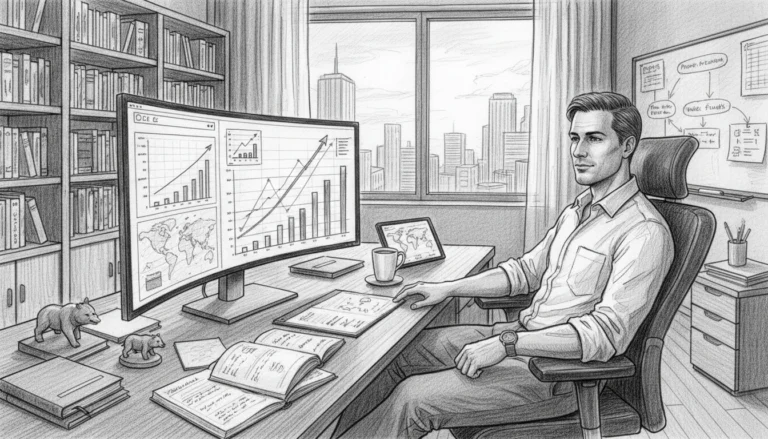 Sicher und mit Vertrauen in Aktien und ETFs investieren: Ein Analyst betrachtet Wachstums-Charts im modernen Büro.