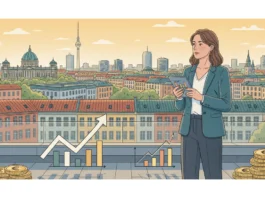 Expertin analysiert Immobilien in Berlin vor der Skyline mit positiven Markttrends und Euro-Münzen im Realitätscheck.