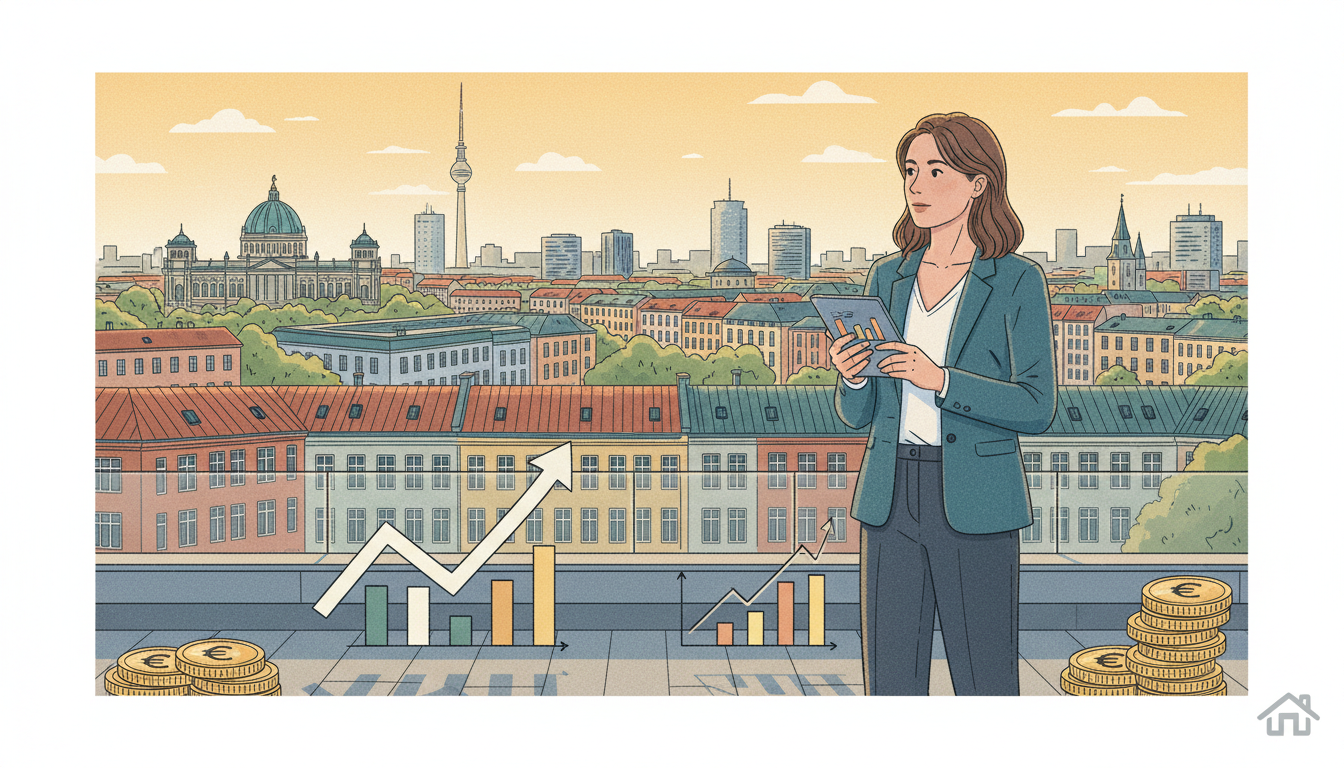 investing-berlin-real-estate-reality-check.webp Expertin analysiert Immobilien in Berlin vor der Skyline mit positiven Markttrends und Euro-Münzen im Realitätscheck.