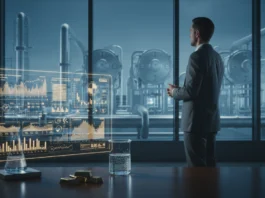 Investieren in Platin: Der Wasserstoff-Zyklus & Preisprognosen Investor analysiert den Wasserstoff-Zyklus und Platin-Preisprognosen an einer modernen Industrieanlage per Hologramm.