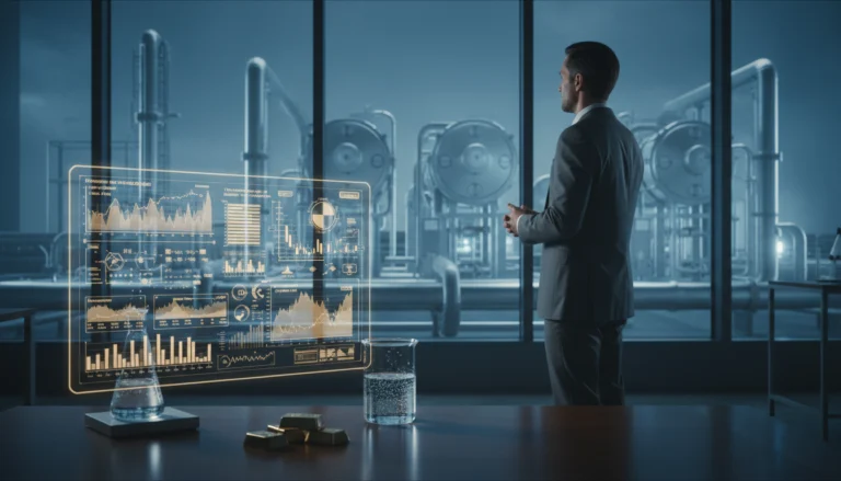 Investor analysiert den Wasserstoff-Zyklus und Platin-Preisprognosen an einer modernen Industrieanlage per Hologramm.