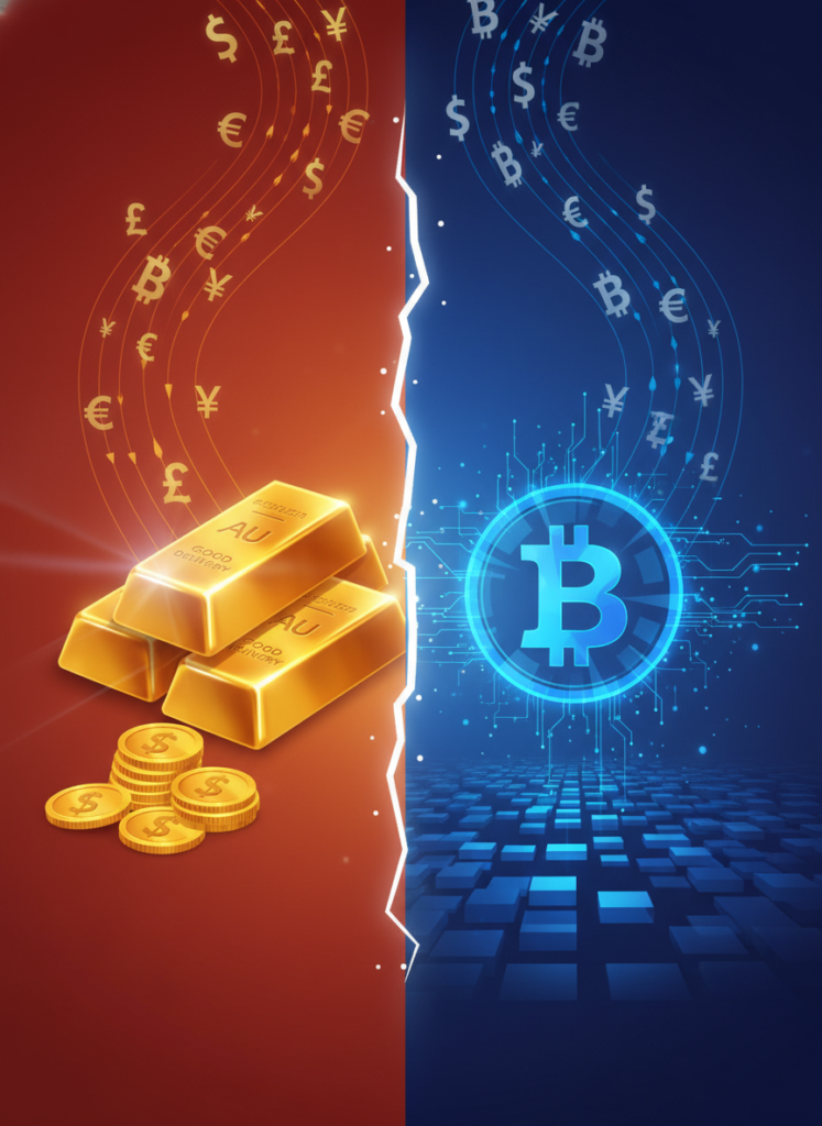 Goldbarren und Bitcoin als sichere Häfen vor Währungsverfall