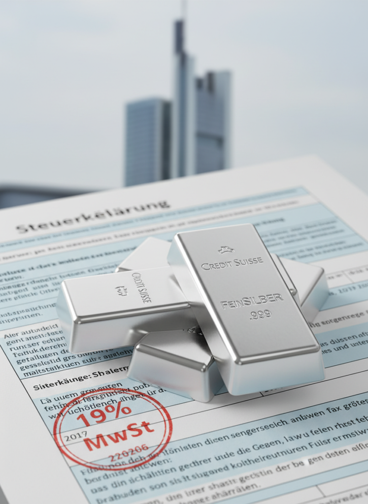 Silberbarren auf deutschen Steuerunterlagen zur Veranschaulichung der MwSt.