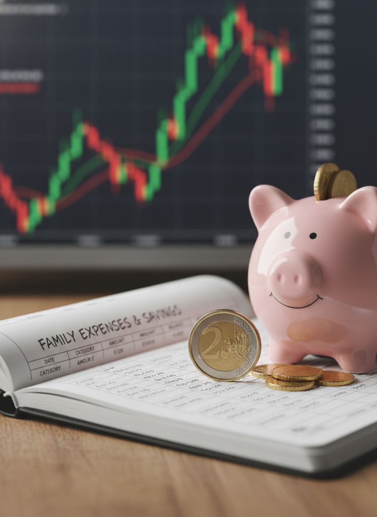 Haushaltsbuch mit Euro-Münze und Sparschwein als Symbol für finanzielle Vorsorge