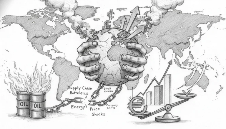 Weltkugel zwischen Händen mit Öl und Währungen zur Analyse: Einfluss vom Iran-Krieg auf die weltweite Inflation.