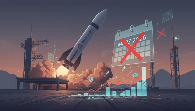 Isar Aerospace Rakete vor gestrichenem März 2026 Kalender und Finanzanalyse-Chart zur Bewertung wirtschaftlicher Risiken.