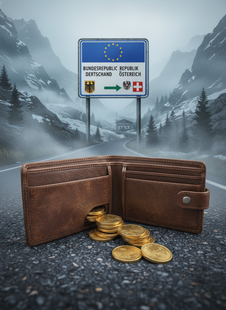 Goldmünzen in einer Brieftasche vor einem Grenzschild zwischen Deutschland und Österreich