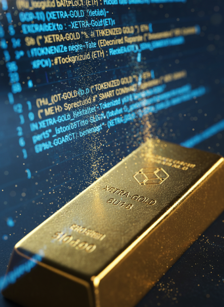 Digitale Daten, die sich in einen physischen Goldbarren verwandeln, als Symbol für Xetra-Gold und Tokenisierung.