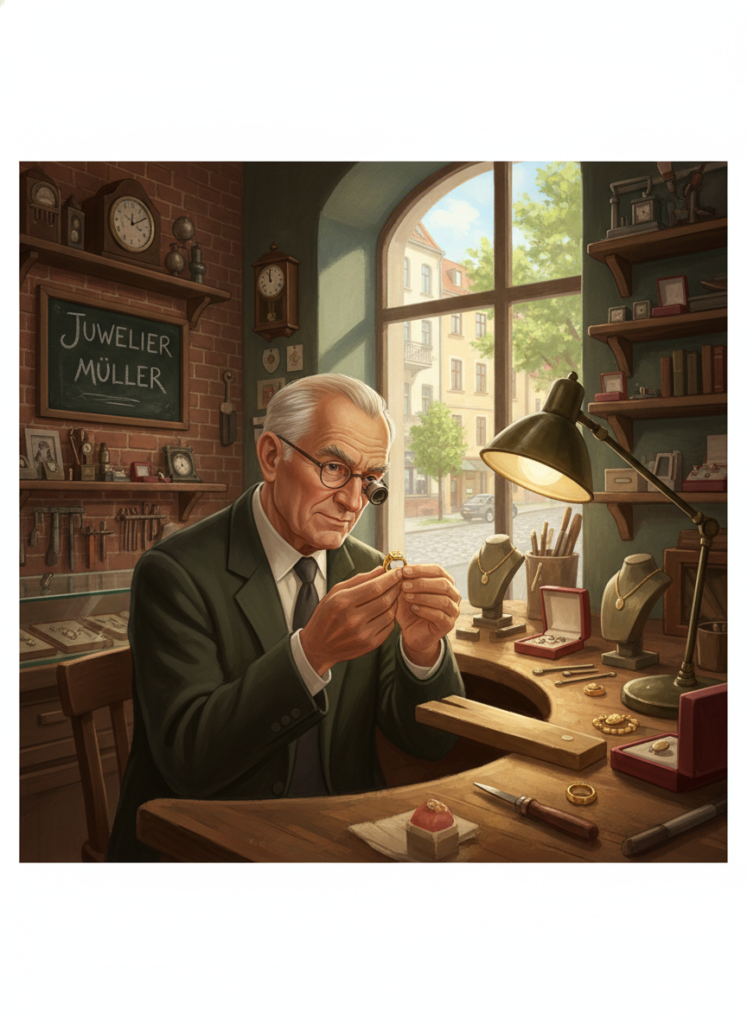 Berliner Juwelier prüft Goldring mit einer Lupe