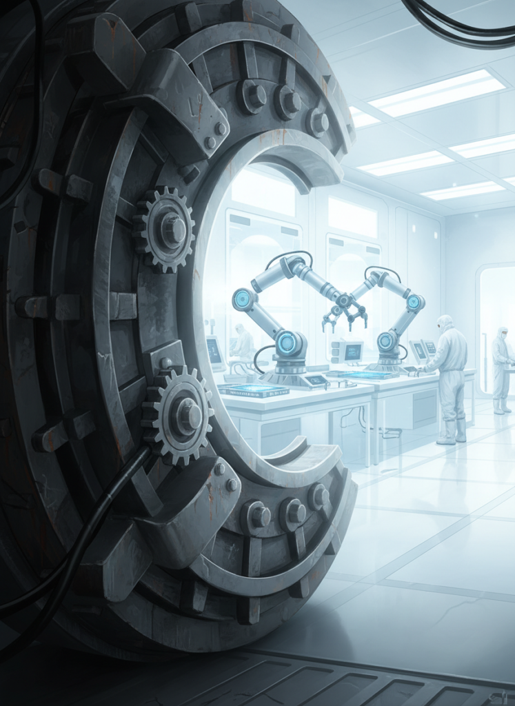 Ein Tresorraum öffnet sich zu einer futuristischen Halbleiterfabrik