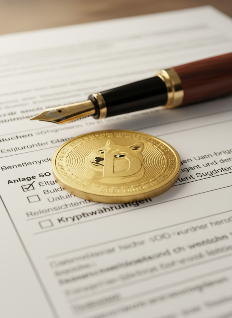 Deutsche Steuererklärung Formular mit physischem Dogecoin und Füllfederhalter