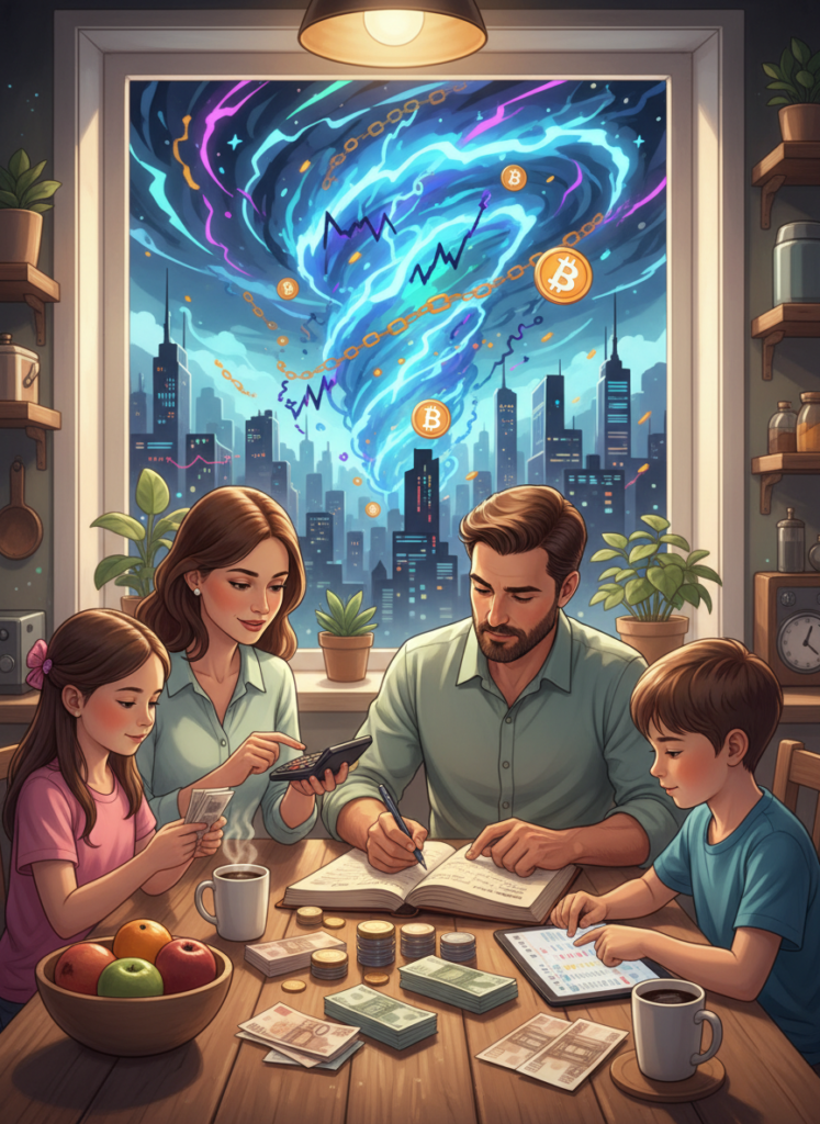 Eine Familie organisiert entspannt ihr Haushaltsbudget mit Euro