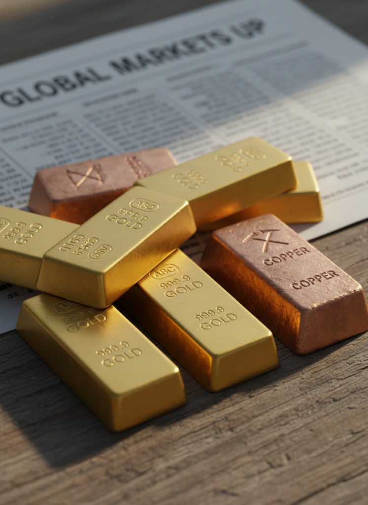 Goldbarren und Kupferbarren nebeneinander liegend als Symbol für den Rohstoff-Superzyklus