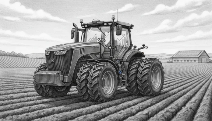 john-deere-8r-540-soil-cultivation-investment-finance.webp 2026er John Deere 8R 540 auf dem Feld mit Finanzcharts zeigt Bodenbearbeitung als lohnende Kapitalanlage.
