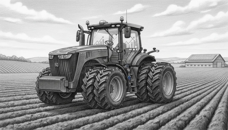 2026er John Deere 8R 540 auf dem Feld mit Finanzcharts zeigt Bodenbearbeitung als lohnende Kapitalanlage.