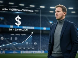 Julian Nagelsmann im Stadion mit einer Infografik zu seinem Vermögen von 16-20 Millionen Dollar und Karriere-Einnahmen.