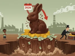 Ein rissiger Schokohase auf Münzen symbolisiert den Kakaopreis-Crash 2026 und warum Schokolade ein Vermögen kostet.