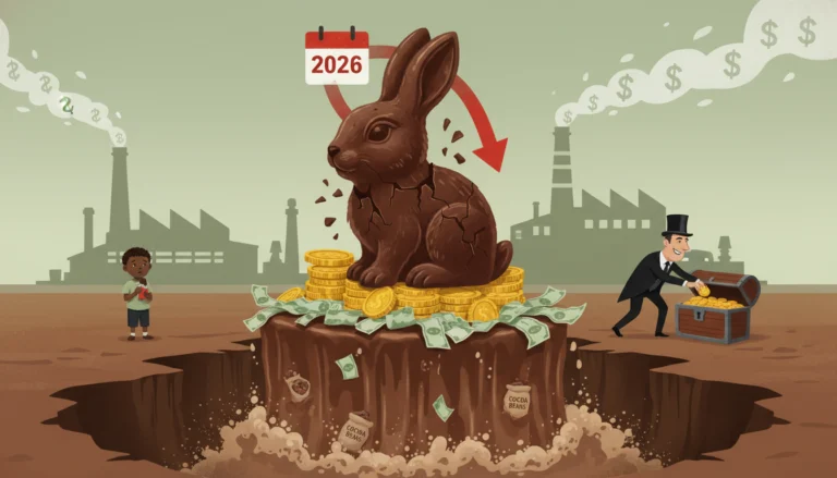 Ein rissiger Schokohase auf Münzen symbolisiert den Kakaopreis-Crash 2026 und warum Schokolade ein Vermögen kostet.