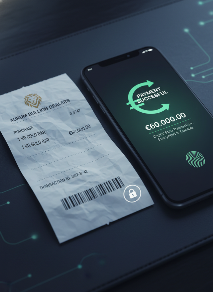 Wie wirkt sich der digitale Euro auf meinen physischen Goldbesitz aus? 2 Kaufbeleg für Gold und ein Smartphone mit digitaler Euro Bestätigung