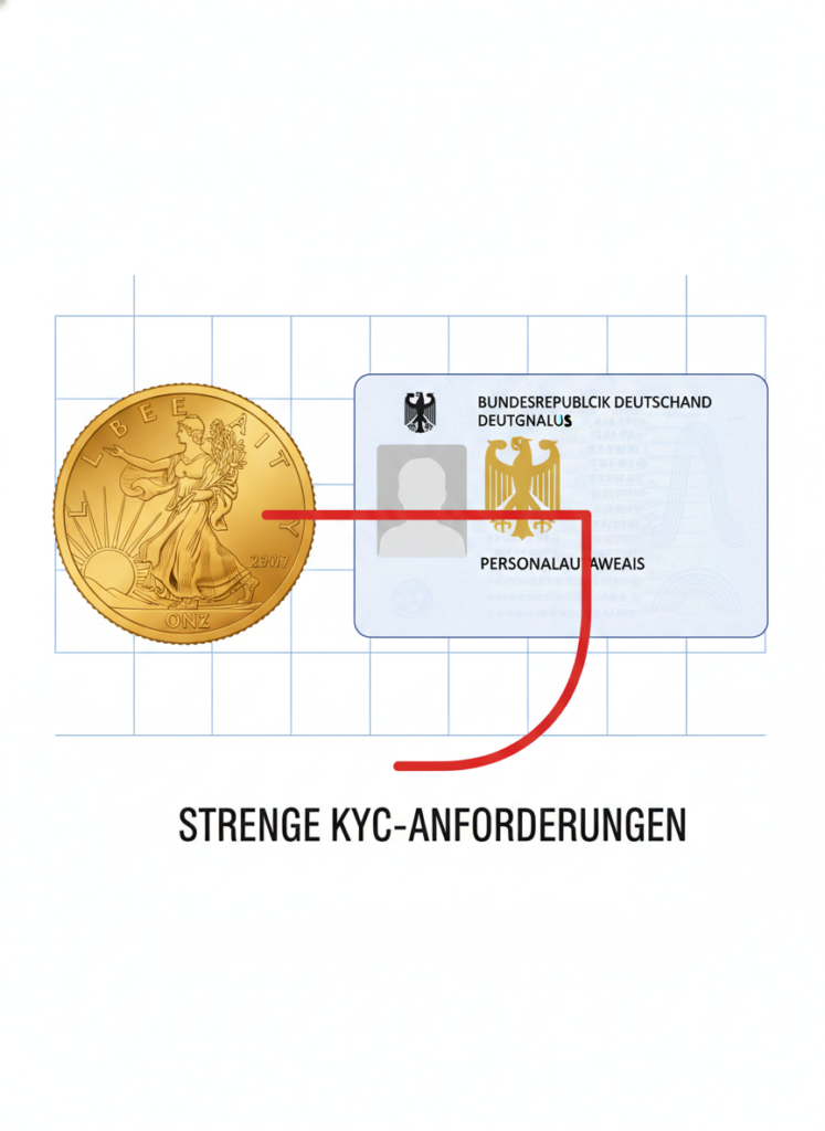 1 Unze Gold neben einem deutschen Personalausweis verdeutlicht die Identitätspflicht