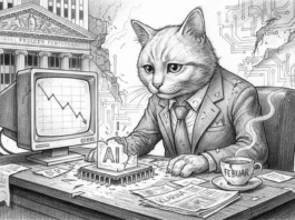 Deplatzierter Kater im Anzug vor sinkendem Börsenkurs und zerbrochener KI zeigt Klarnas Februar-Absturz an der Wall Street.