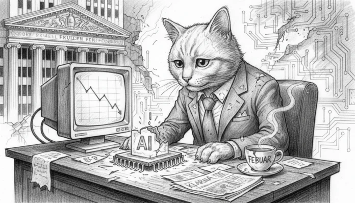 Deplatzierter Kater im Anzug vor sinkendem Börsenkurs und zerbrochener KI zeigt Klarnas Februar-Absturz an der Wall Street.