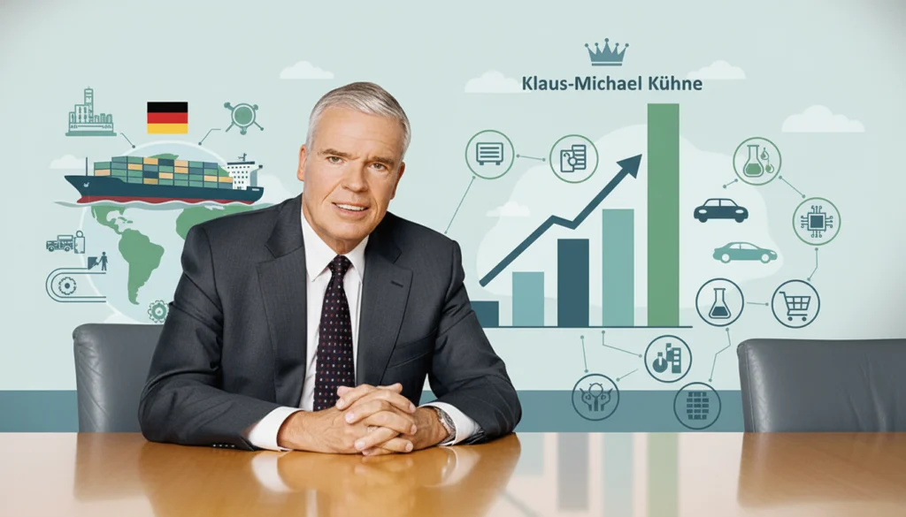 Klaus-Michael Kühne vor einem Wachstumsdiagramm als reichste Person in Deutschland für Logistik und Industrie.