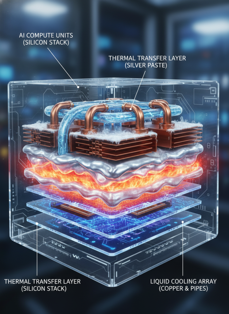NVIDIA, Rubin & Silber: Der wahre Rohstoff-Engpass im KI-Boom 2026 2 Querschnitt eines KI-Chips, der die dicke Schicht aus Silber-Wärmeleitpaste zur Kühlung zeigt
