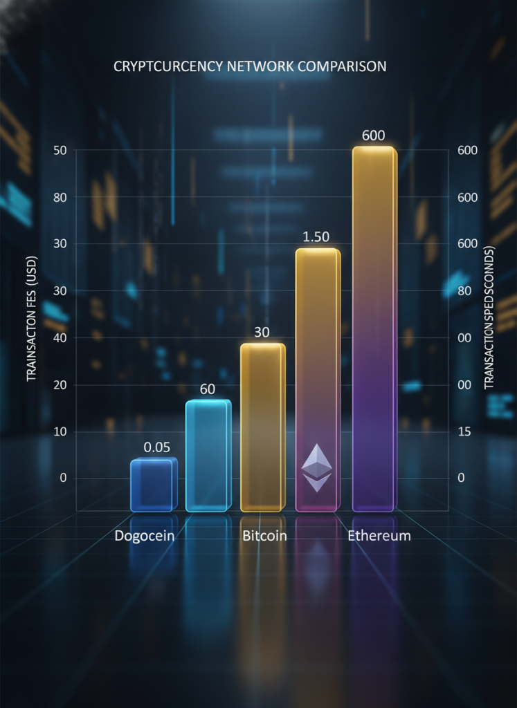 Vergleich der Transaktionsgebühren und Geschwindigkeiten zwischen Dogecoin, Bitcoin Lightning und Ethereum