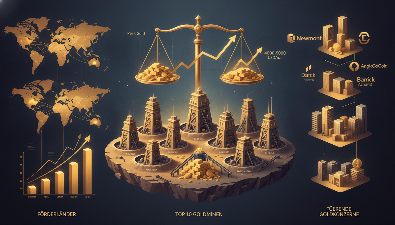 Goldene Waage über Minentürmen, Weltkarten und Diagrammen für die größten Goldminen und Förderländer der Welt.