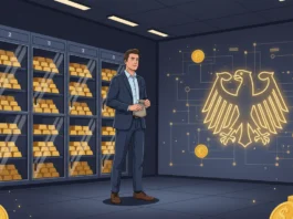 Geschäftsmann vor Goldbarren und Bundesadler zum Thema legaler und anonymer Goldkauf in Deutschland.